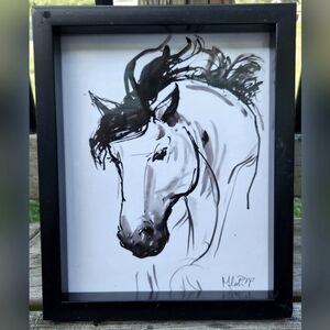 Framed Horse Sketch Signed Print 9x11